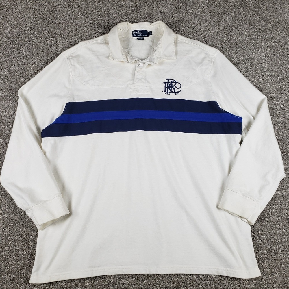 Vintage Polo Ralph Lauren Rugby Shirt Mens XXL White Navy Stripe Monogram 90s